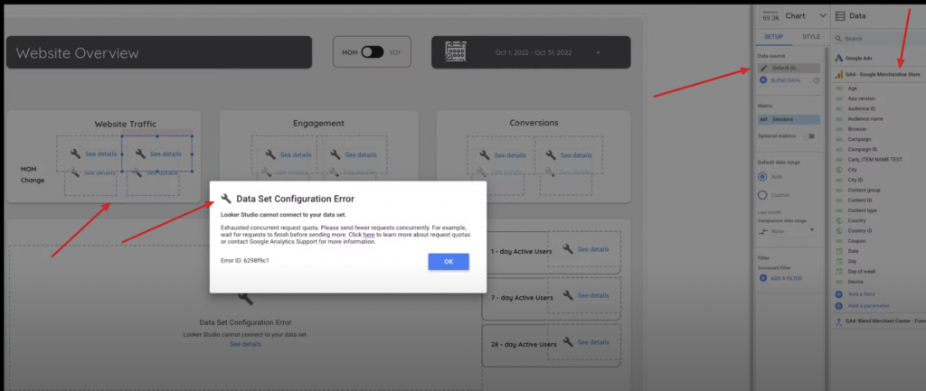 data set configuration error dashboard inside Looker