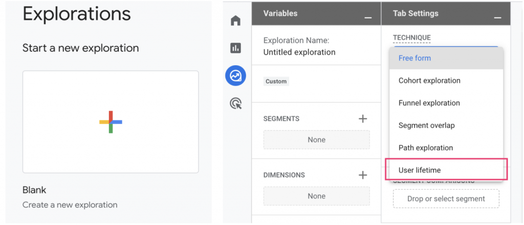 Image showing that under "start a new exploration", you can select "user lifetime" to see a report of user lifetime value.